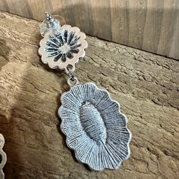 Concho Turquoise Brass‎ Post Earrings 2.2 Inches Long Antique Silver Plate - Picture 7 of 8